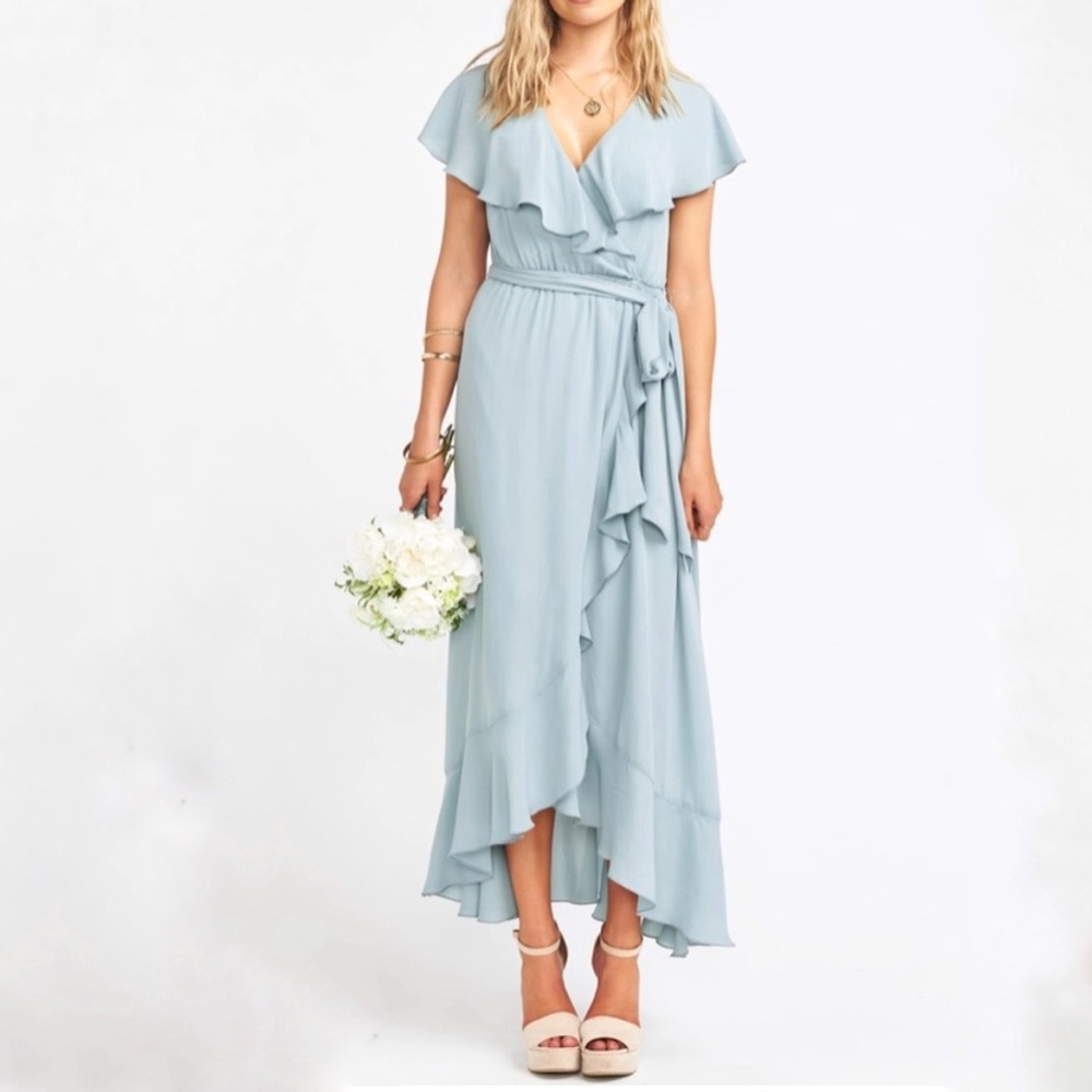Show Me Your Mumu Sage Jess wrap bridesmaid midi high low hem ruffle. Sz med